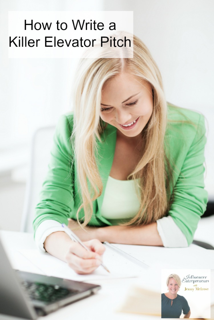 a woman in a green blazer smiling at a desk with text overlay reading How to Write a Killer Elevator Pitch