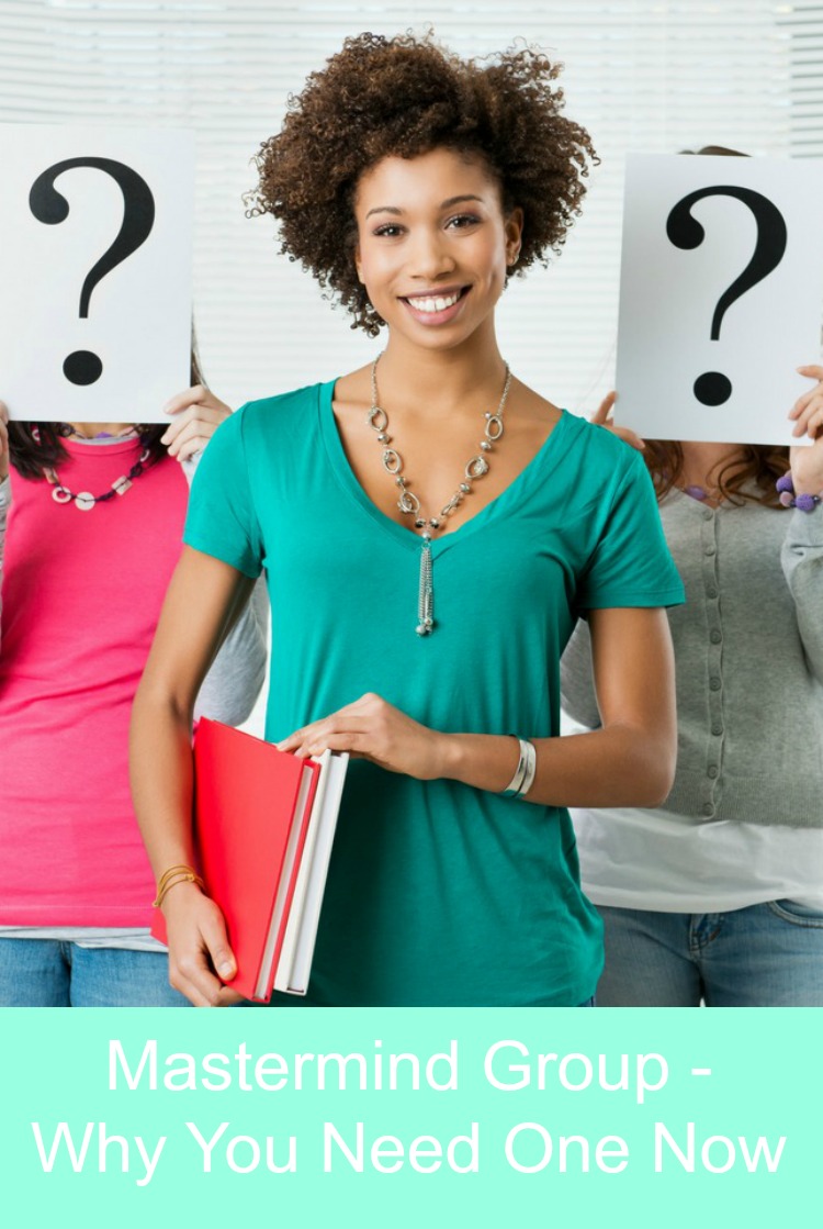 Mastermind Group members with one member with her face pictured and two girls in the background with question marks over their faces.